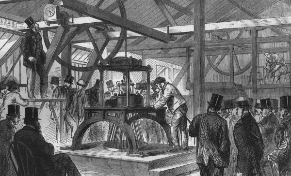 Historical drawing of workers at Modern Wharf